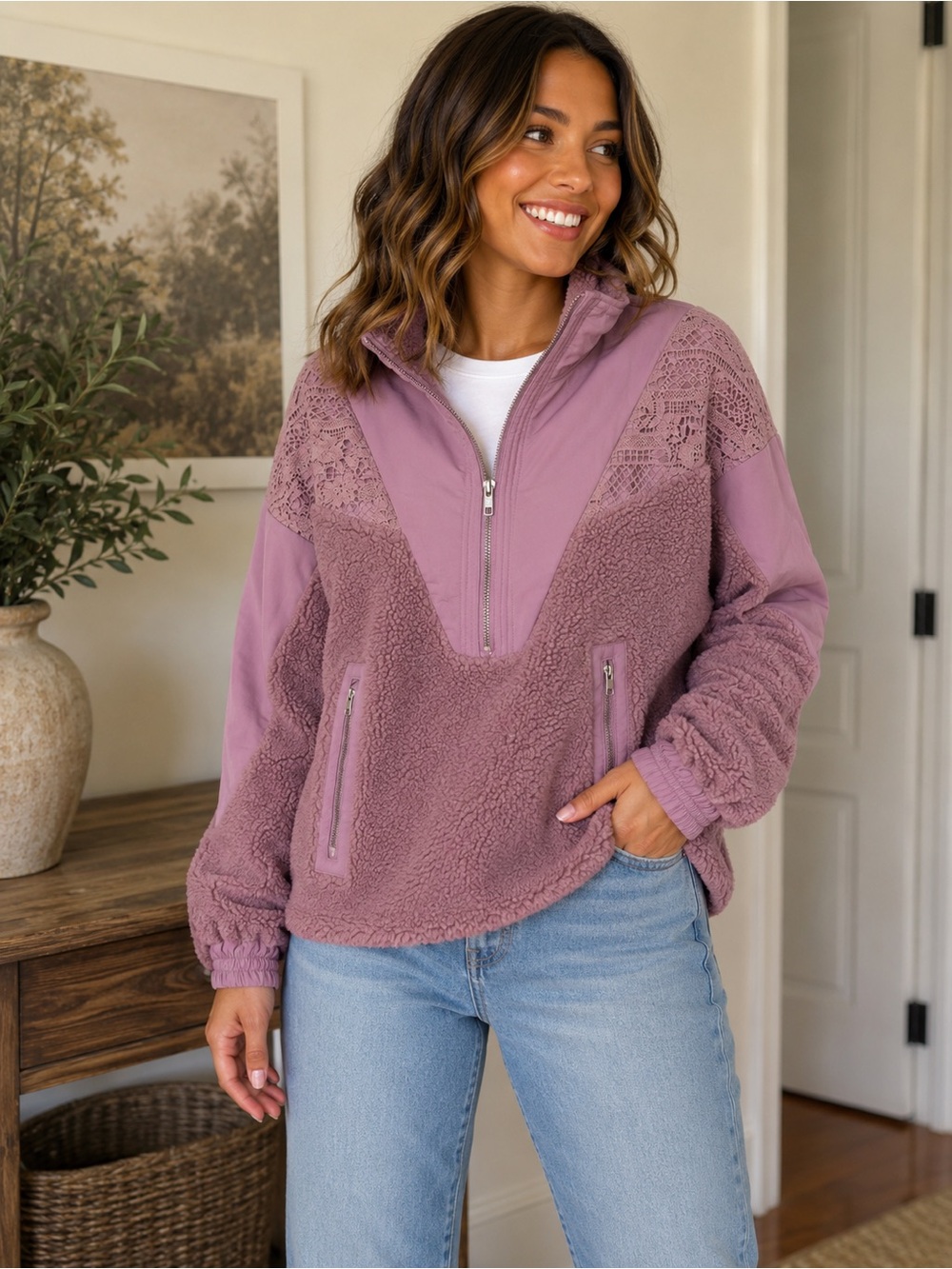 Half-Zip Sherpa Pullover in Dusty Mauve